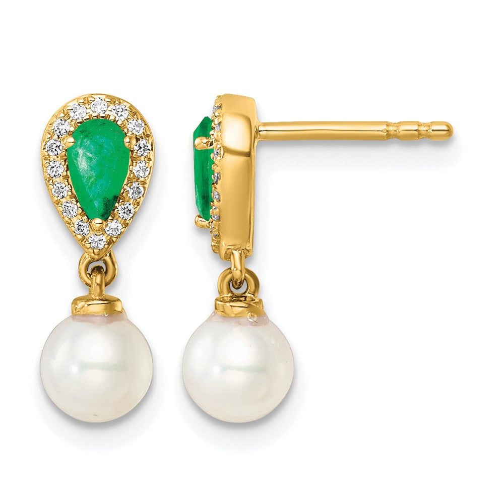 14K Polished Diamond Pearl and Emerald Dangle Post Earrings
