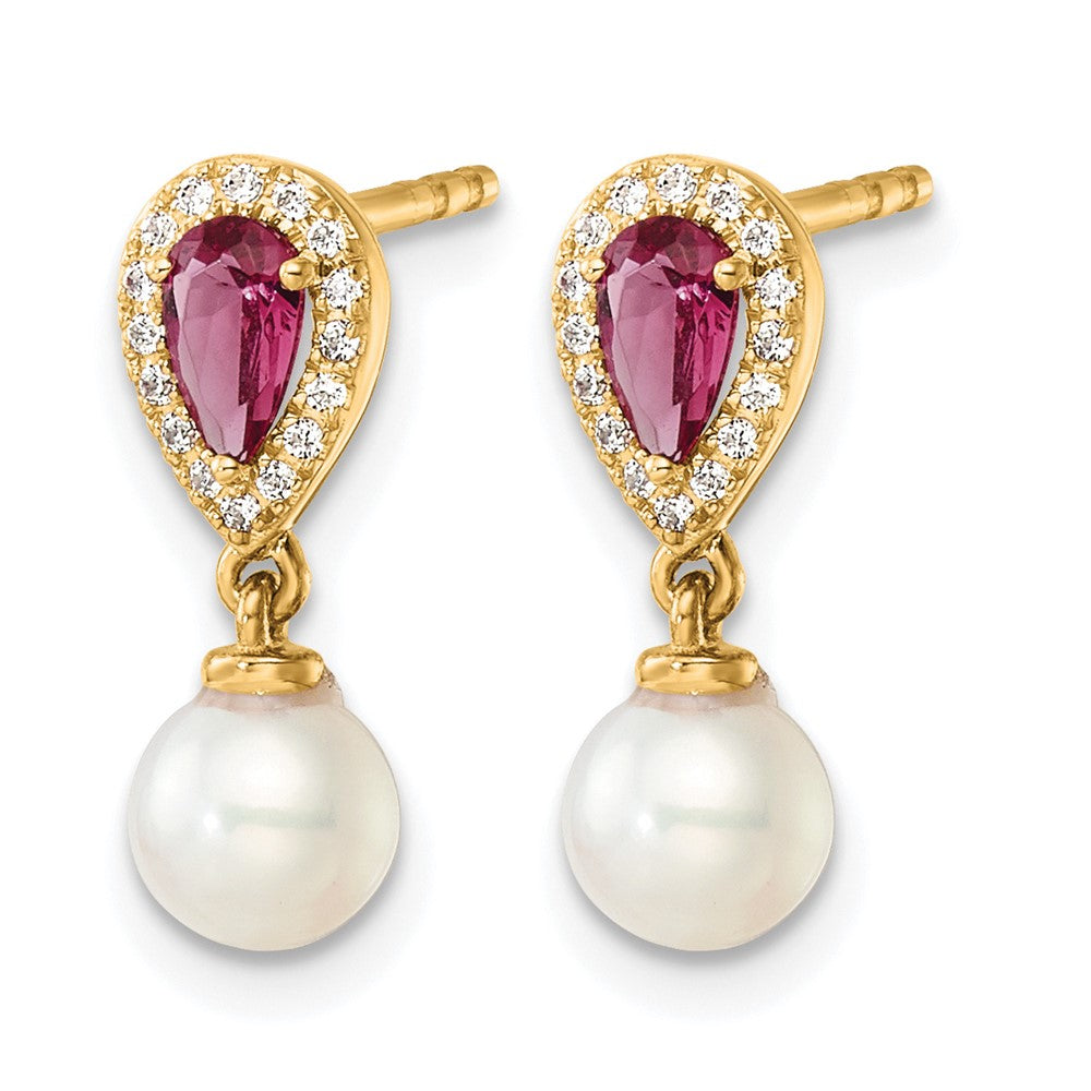 14K Polished Diamond Pearl and Ruby Dangle Post Earrings