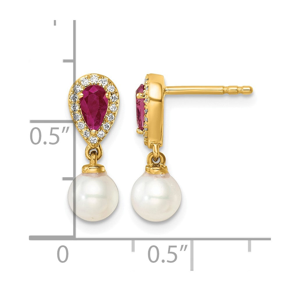 14K Polished Diamond Pearl and Ruby Dangle Post Earrings