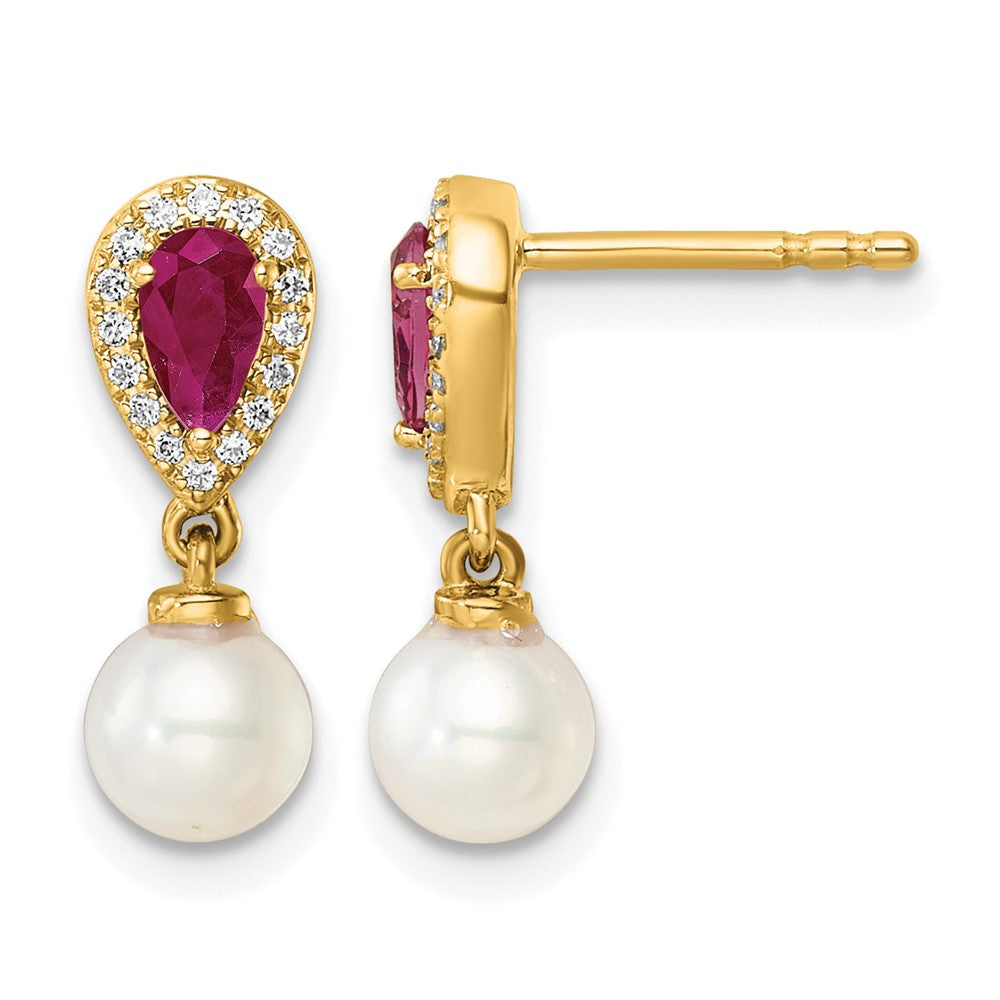 14K Polished Diamond Pearl and Ruby Dangle Post Earrings