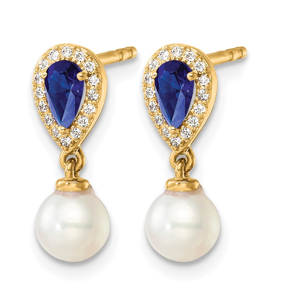 14K Polished Diamond Pearl and Sapphire Dangle Post Earrings