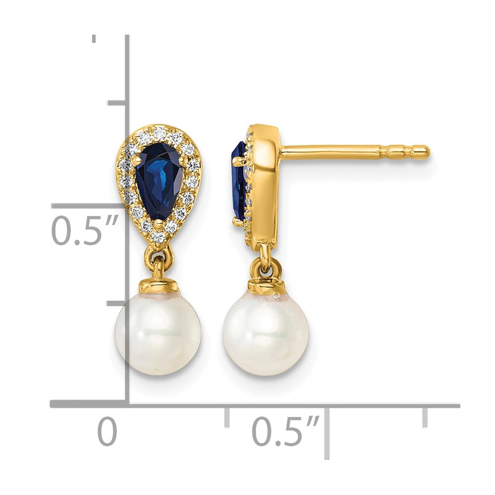 14K Polished Diamond Pearl and Sapphire Dangle Post Earrings