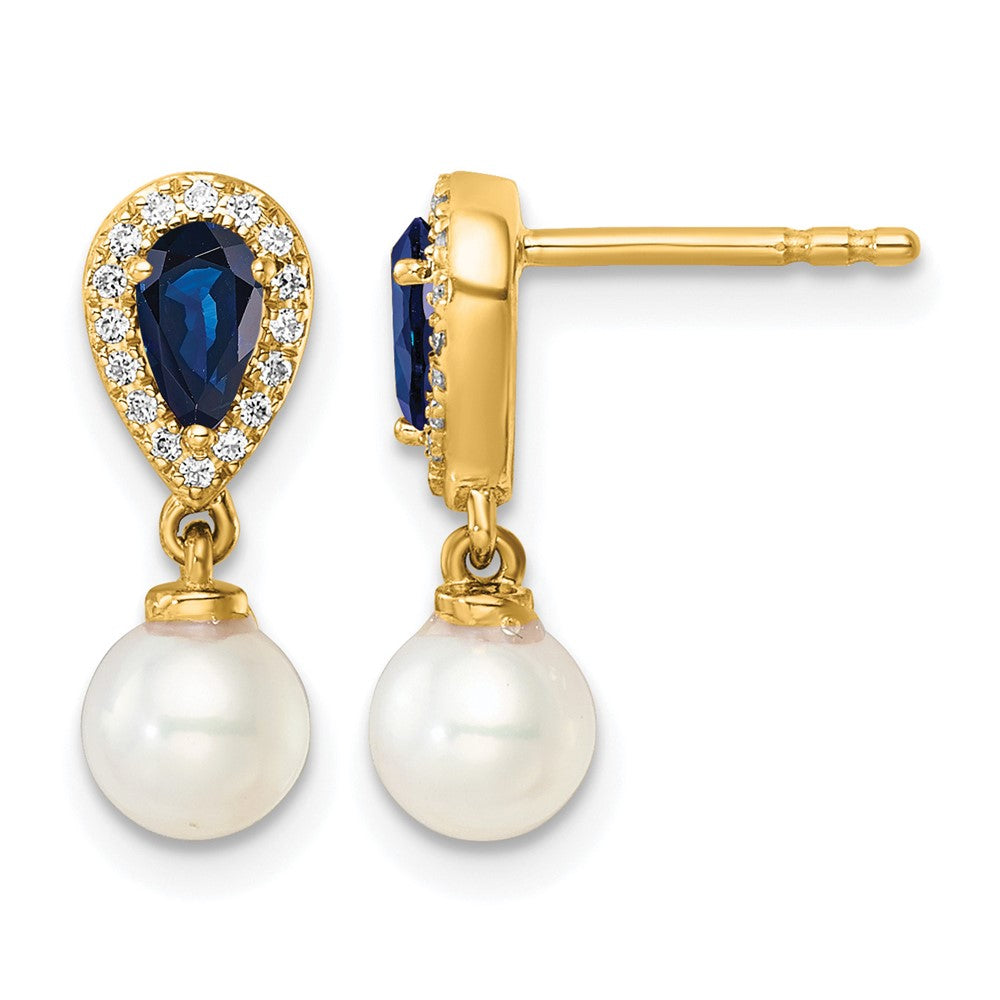 14K Polished Diamond Pearl and Sapphire Dangle Post Earrings