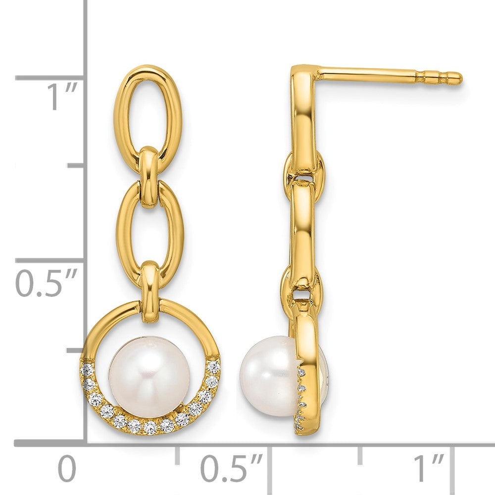 14K Polished Diamond and Pearl Open Circle Dangle Post Earrings