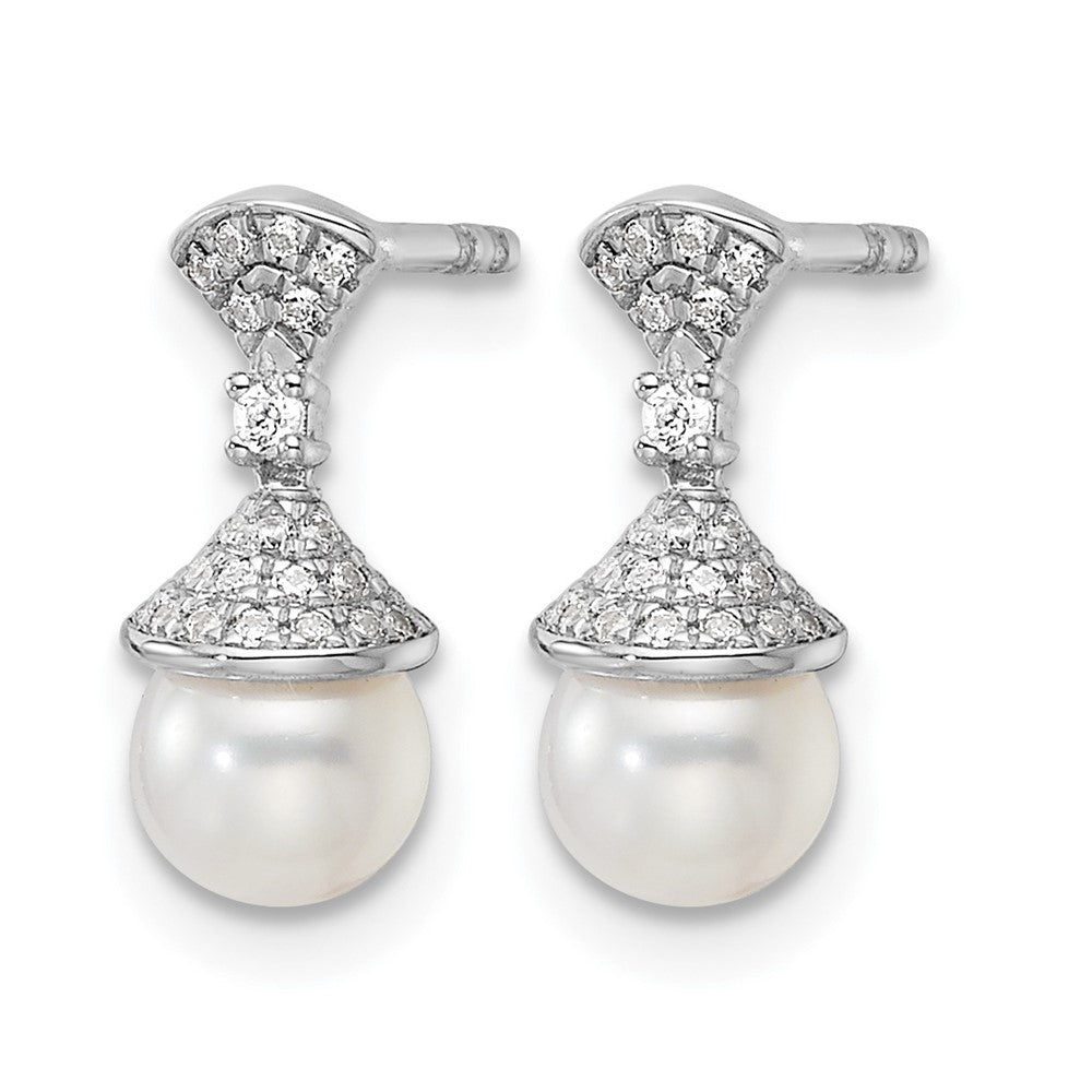 14K White Gold Polished Diamond and Pearl Drop Post Earrings