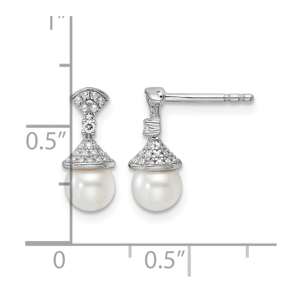 14K White Gold Polished Diamond and Pearl Drop Post Earrings