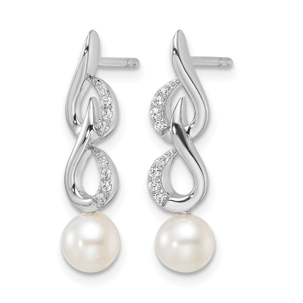 14K White Gold Polished Diamond and Pearl Drop Post Earrings