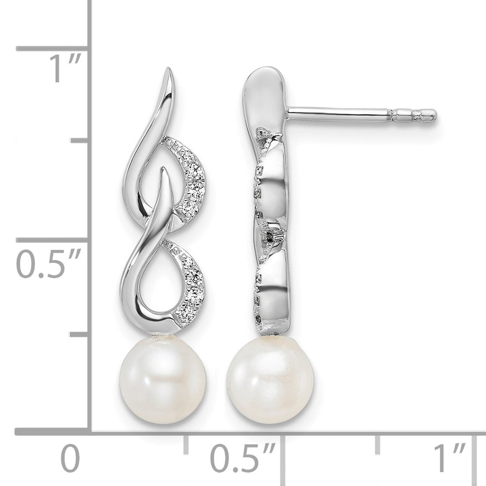 14K White Gold Polished Diamond and Pearl Drop Post Earrings
