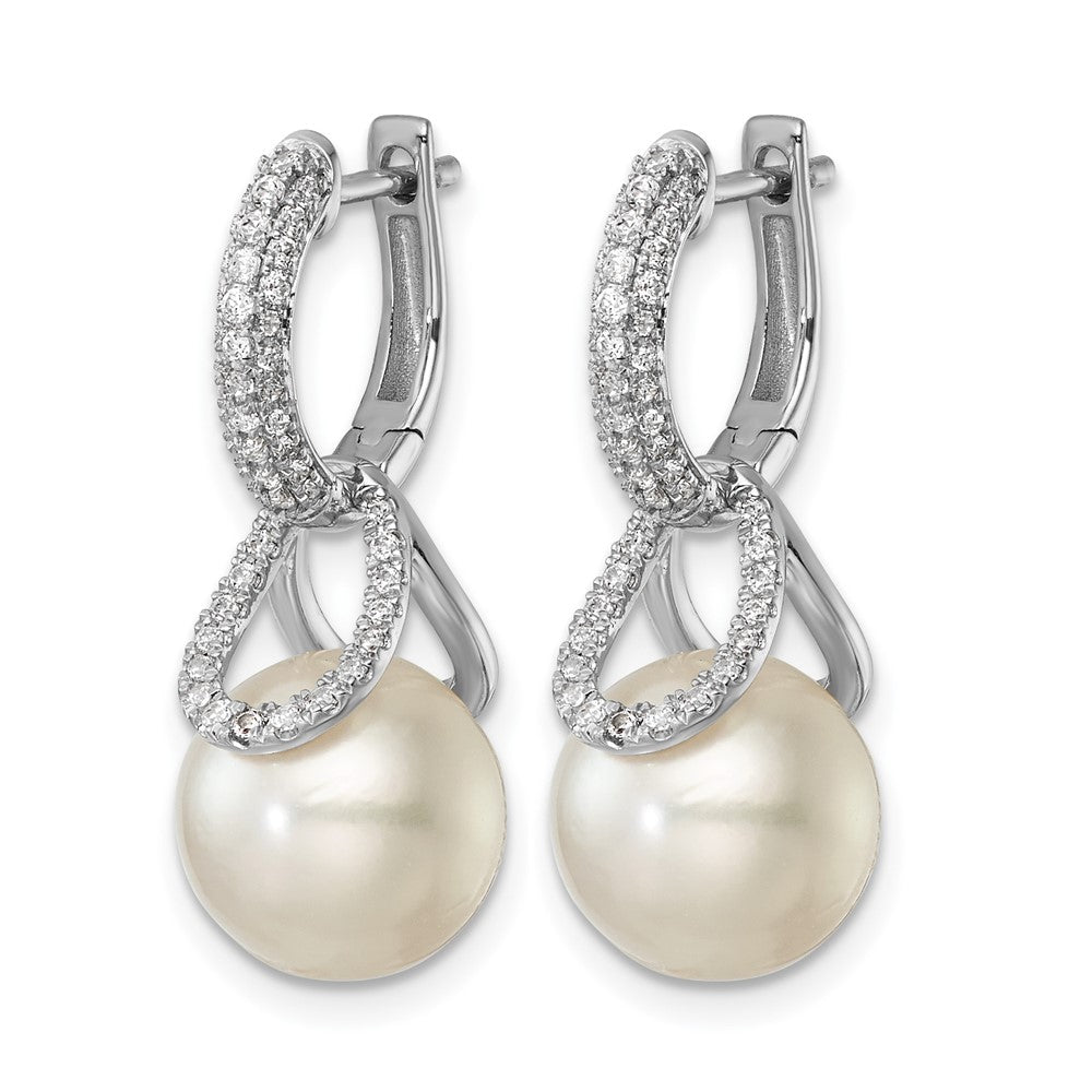 14K White Gold Polished Diamond and Pearl Dangle Hoop Earrings