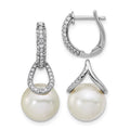 14K White Gold Polished Diamond and Pearl Dangle Hoop Earrings