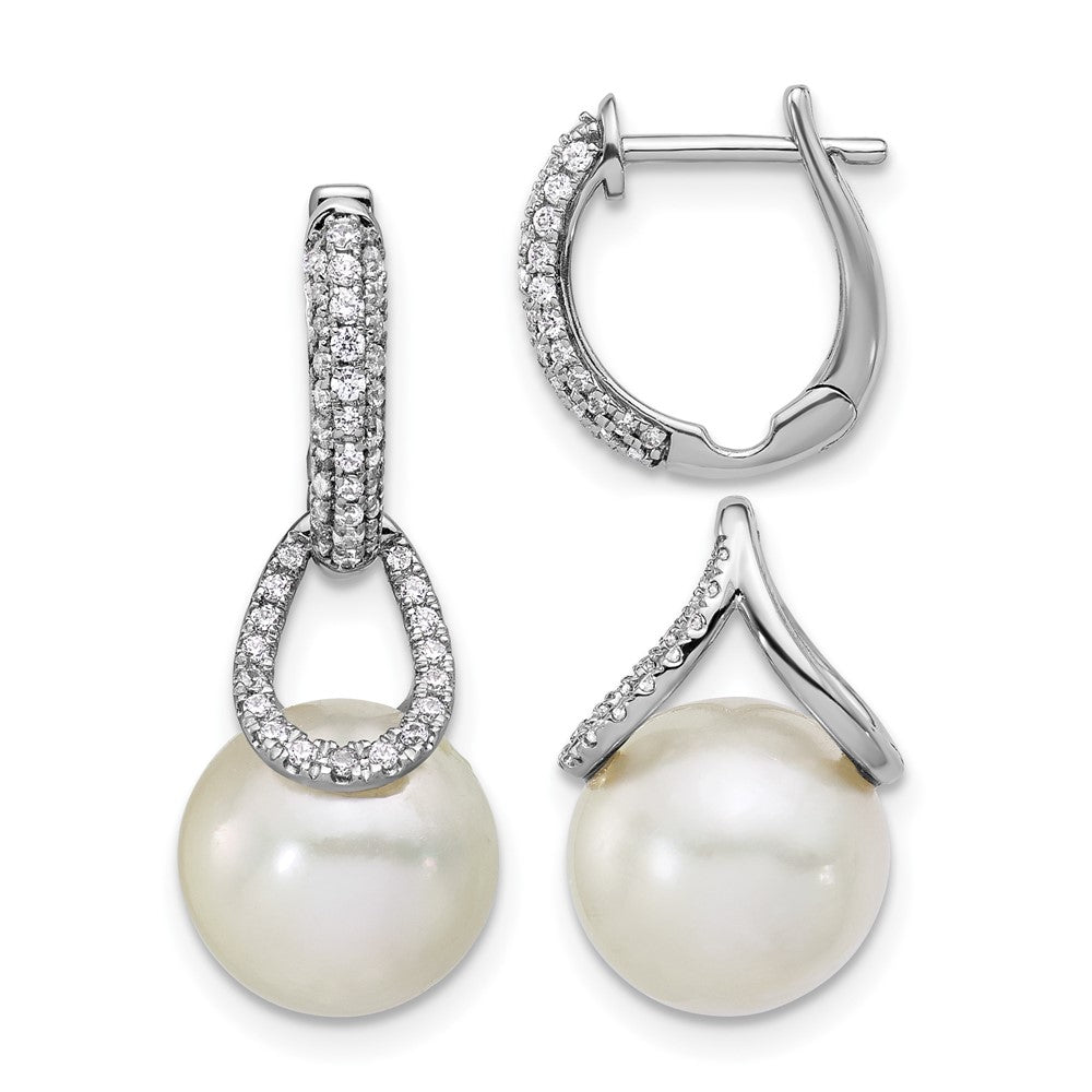 14K White Gold Polished Diamond and Pearl Dangle Hoop Earrings