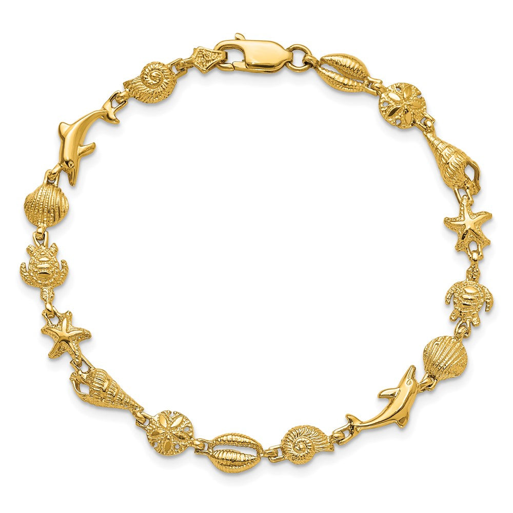 14K Gold Polished and Textured Sea Life Bracelet