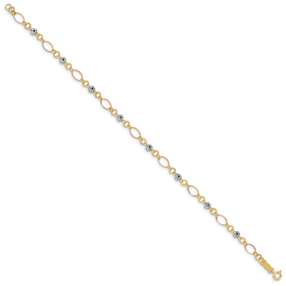 14k Tri-color Polished Diamond-cut Ovals & Donut Beads Bracelet