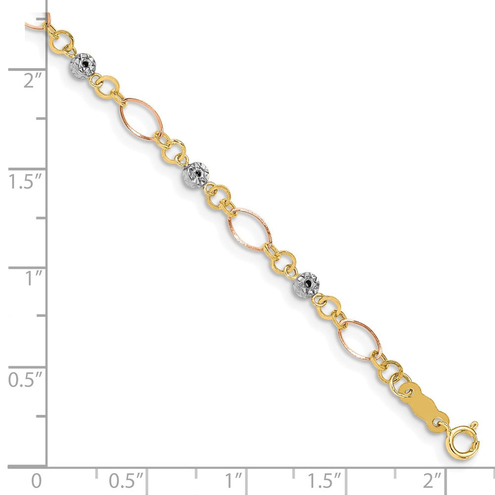 14k Tri-color Polished Diamond-cut Ovals & Donut Beads Bracelet