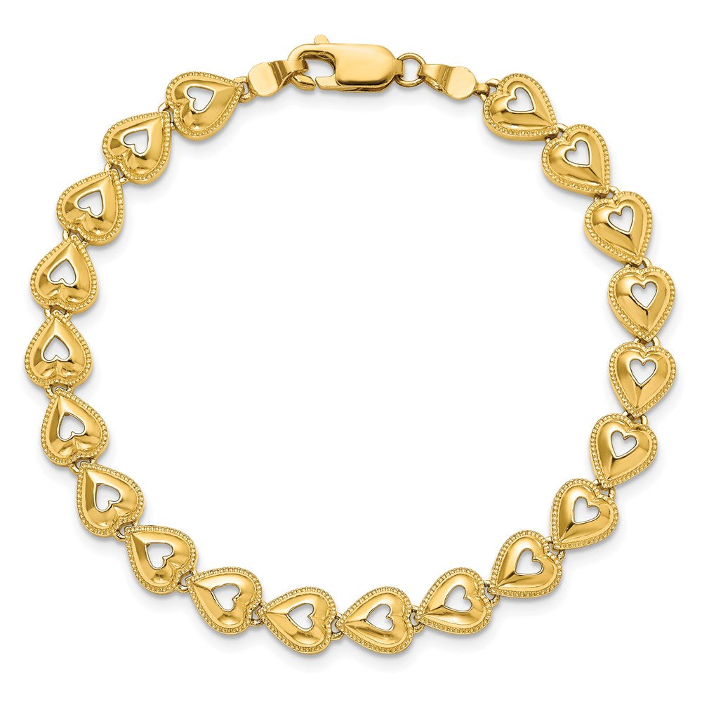 14K Polished Beaded Hearts Bracelet