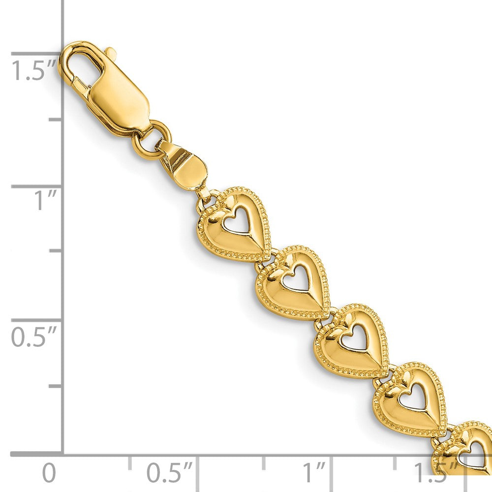 14K Polished Beaded Hearts Bracelet