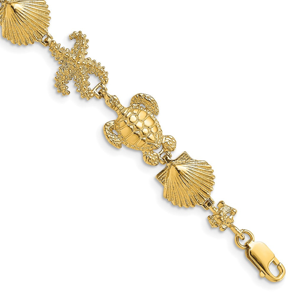 14K Polished Turtle, Shell and Starfish Bracelet
