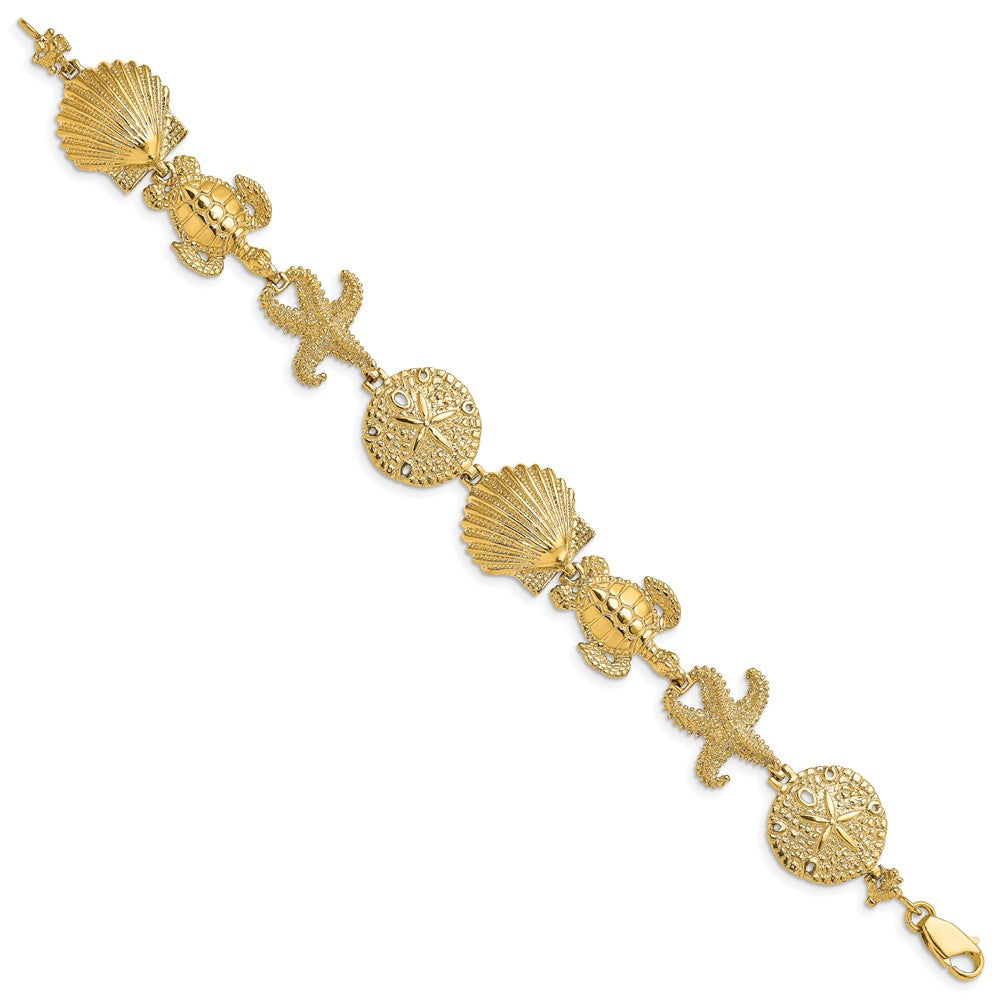 14k Polished Sand Dollar, Starfish, Turtle Link Bracelet