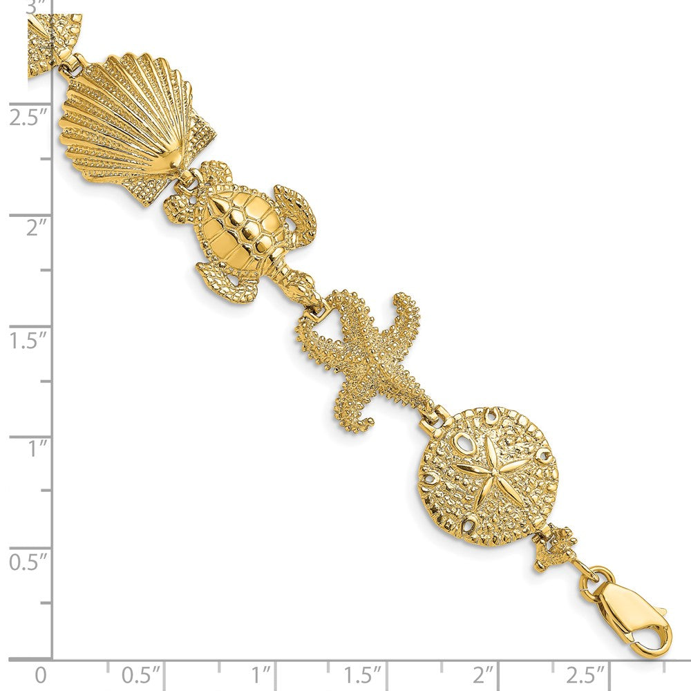 14k Polished Sand Dollar, Starfish, Turtle Link Bracelet