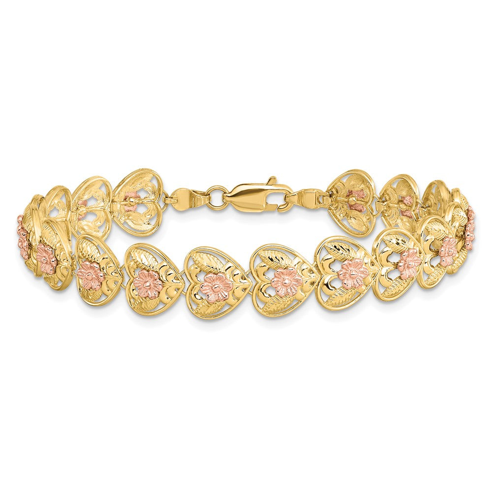 14k Two-tone D/C Heart w/Flowers 7.25in Bracelet