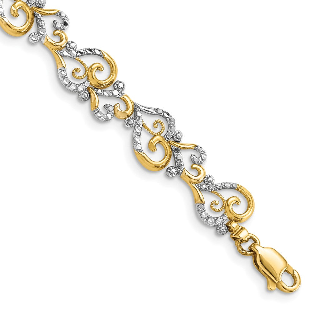 14K and White Rhodium Diamond-Cut Fancy Link Bracelet