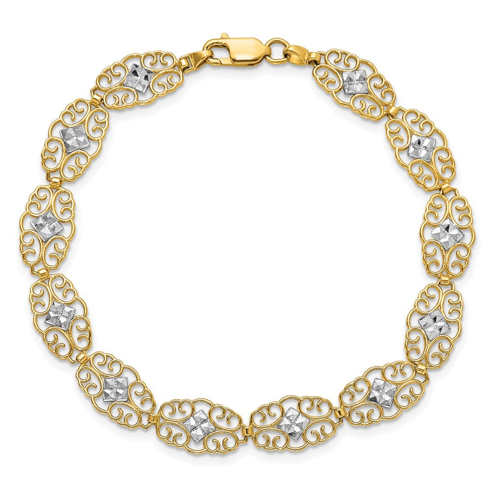 14k and White Rhodium Diamond-Cut Fancy Bracelet