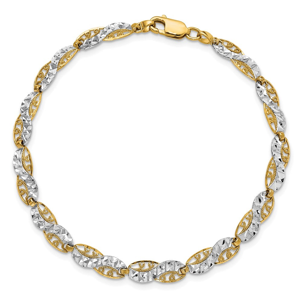 14K and White Rhodium Diamond-Cut Filigree Link Bracelet