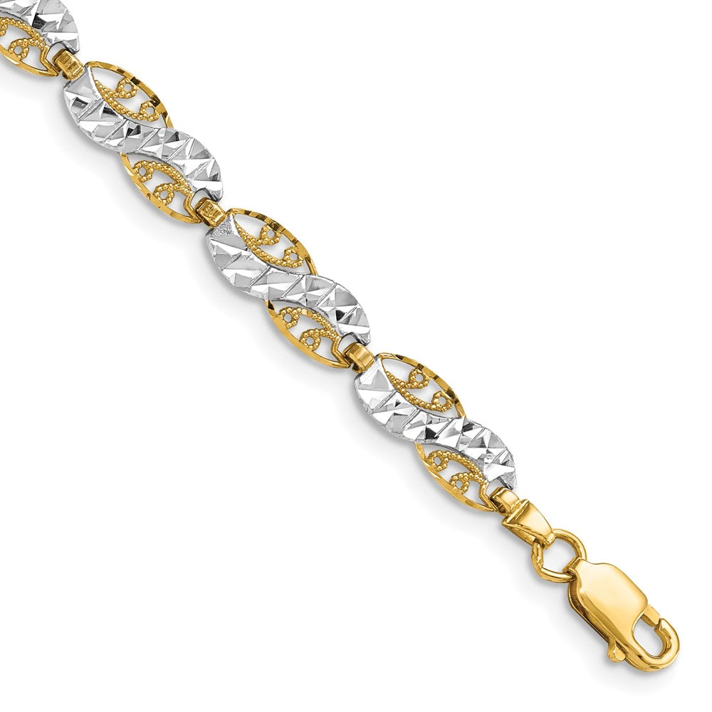 14K and White Rhodium Diamond-Cut Filigree Link Bracelet