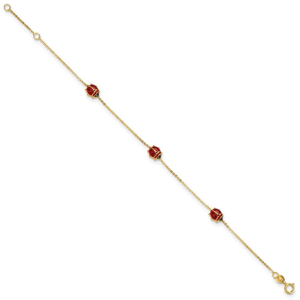14k Polished Enameled Ladybugs 6.5in w/.75in ext. Bracelet