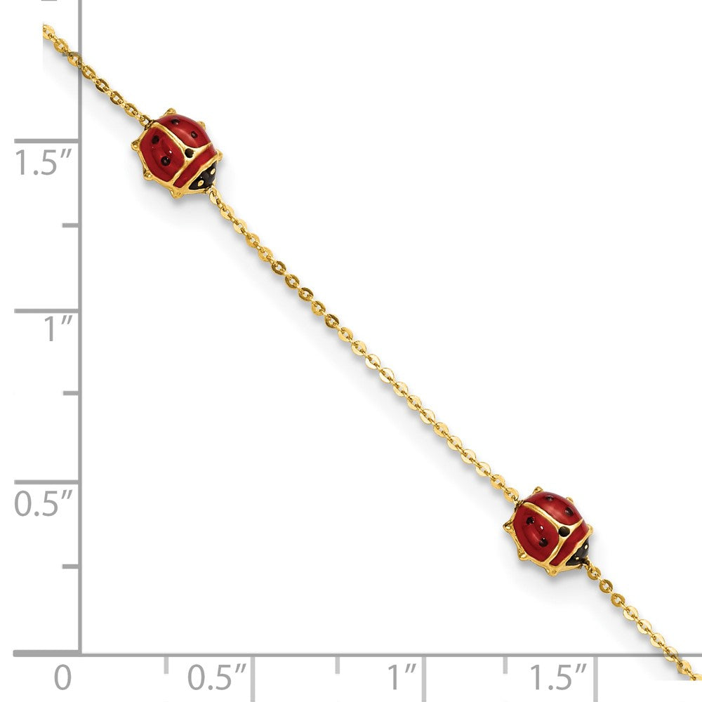 14k Polished Enameled Ladybugs 6.5in w/.75in ext. Bracelet
