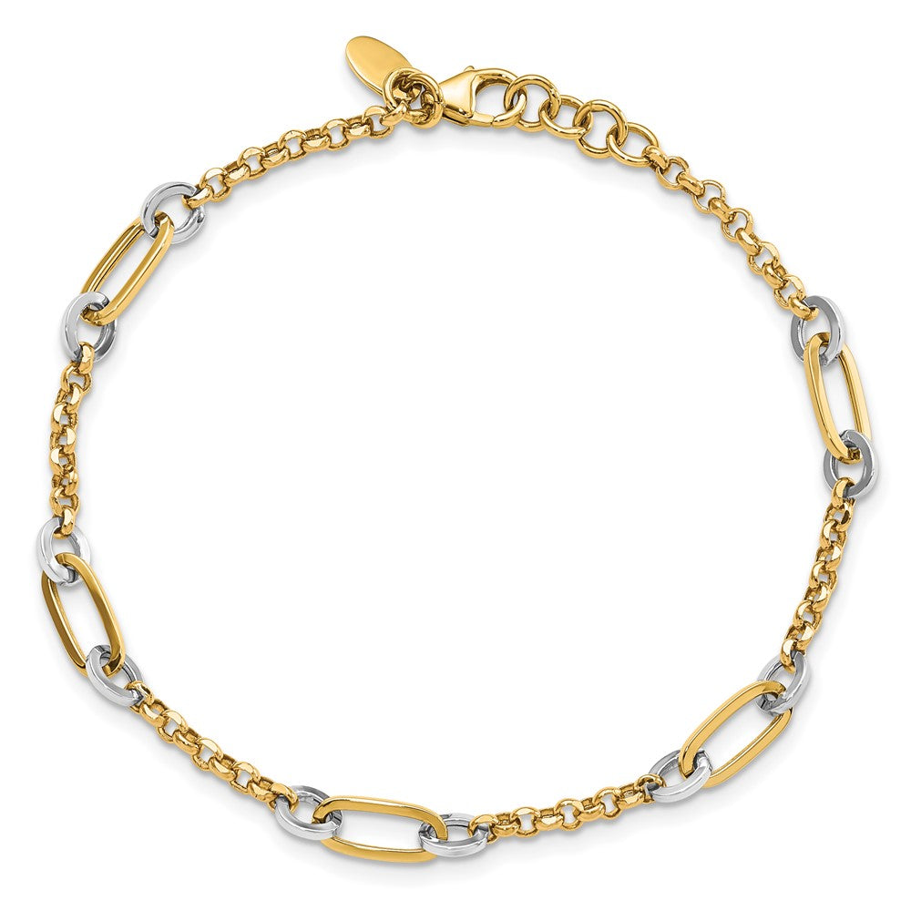 14K Two-tone Fancy Oval Link and Chain w/.5 in ext Bracelet