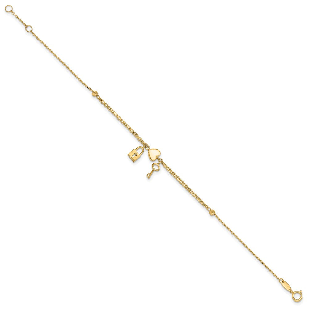 14K Polished and Diamond-cut Heart Lock and Key w/ .5in ext. Bracelet