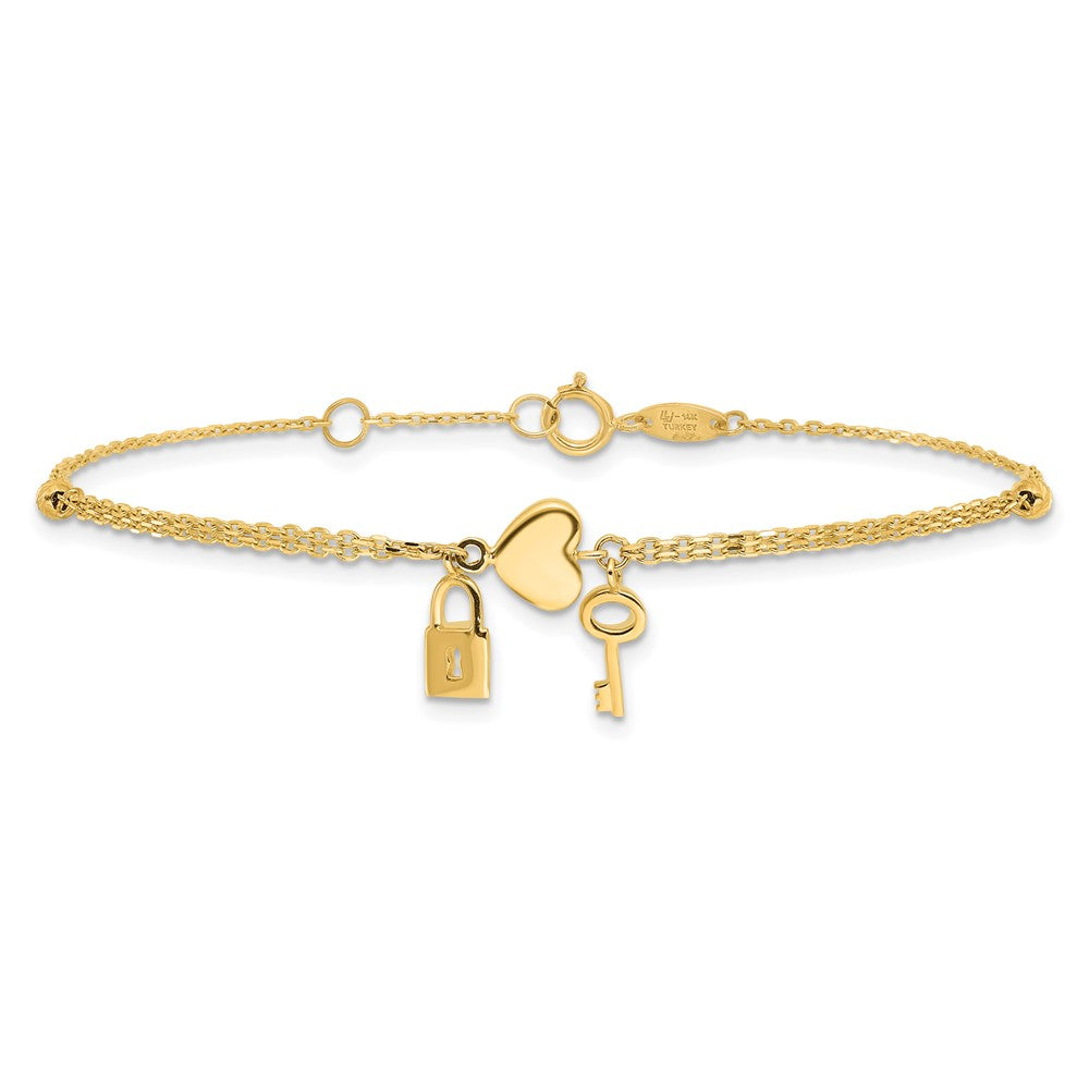 14K Polished and Diamond-cut Heart Lock and Key w/ .5in ext. Bracelet