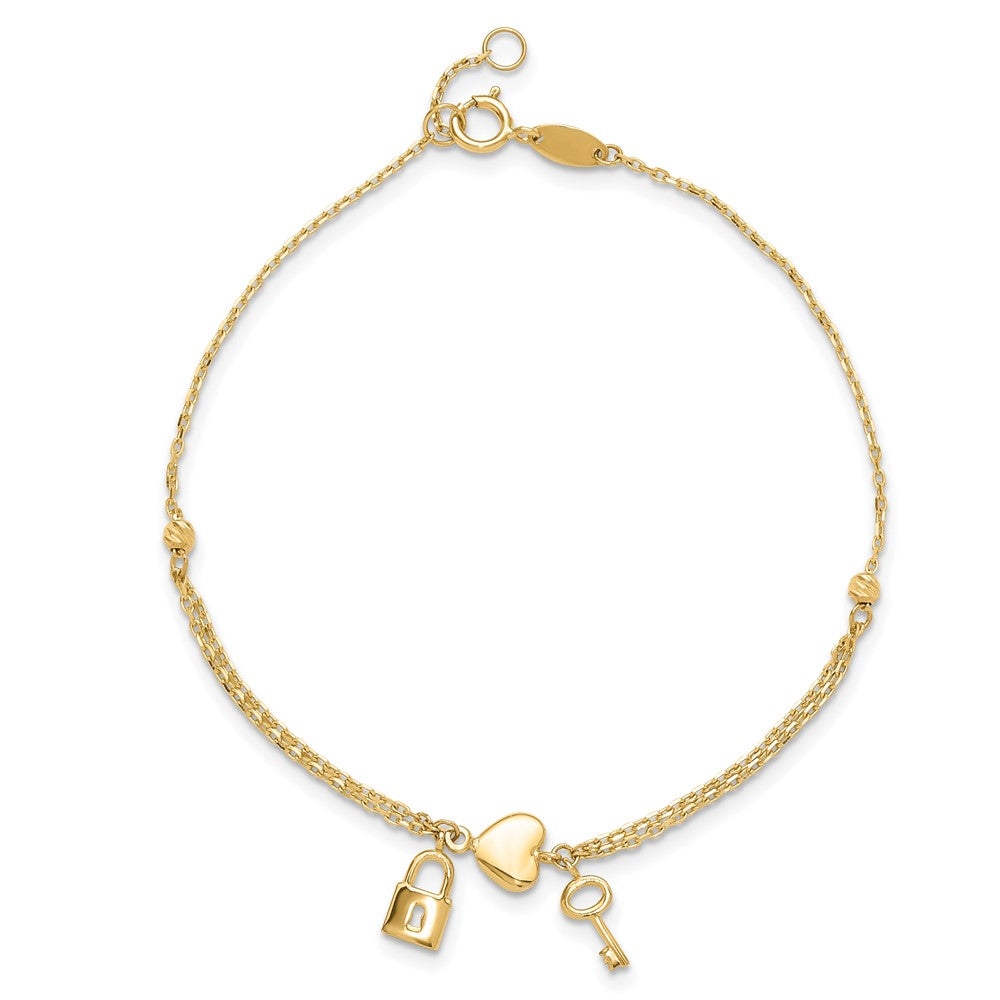14K Polished and Diamond-cut Heart Lock and Key w/ .5in ext. Bracelet