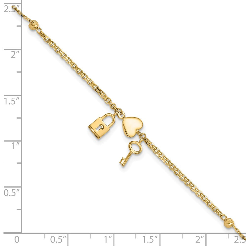 14K Polished and Diamond-cut Heart Lock and Key w/ .5in ext. Bracelet