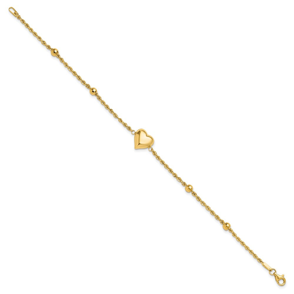14k Polished and D/C Beaded Puff Heart 7.75in Bracelet