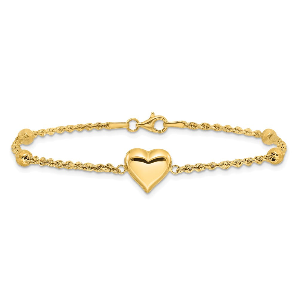 14k Polished and D/C Beaded Puff Heart 7.75in Bracelet