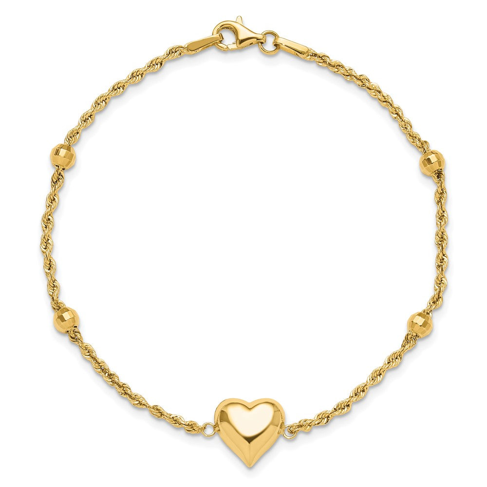 14k Polished and D/C Beaded Puff Heart 7.75in Bracelet