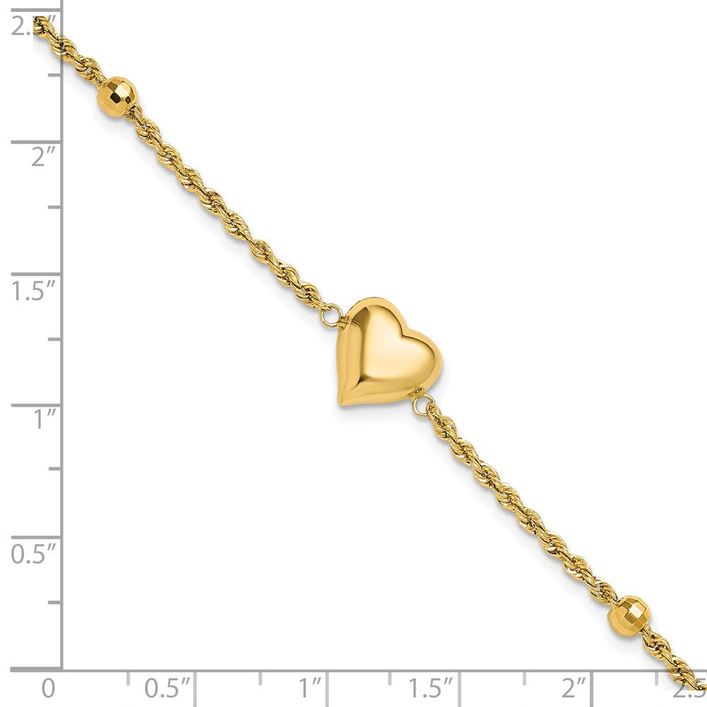 14k Polished and D/C Beaded Puff Heart 7.75in Bracelet
