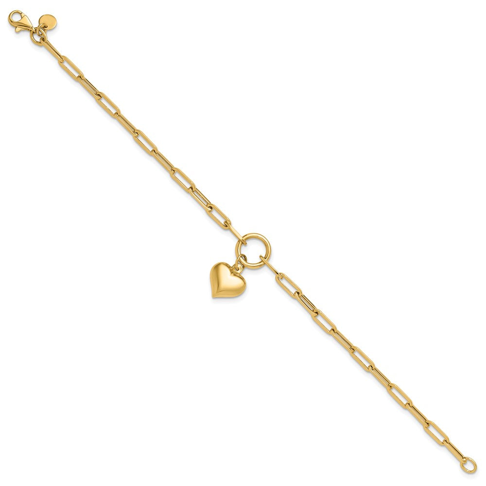 14K Polished Puff Heart Paper Clip Link Bracelet