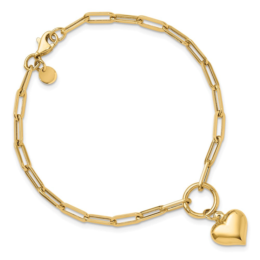 14K Polished Puff Heart Paper Clip Link Bracelet