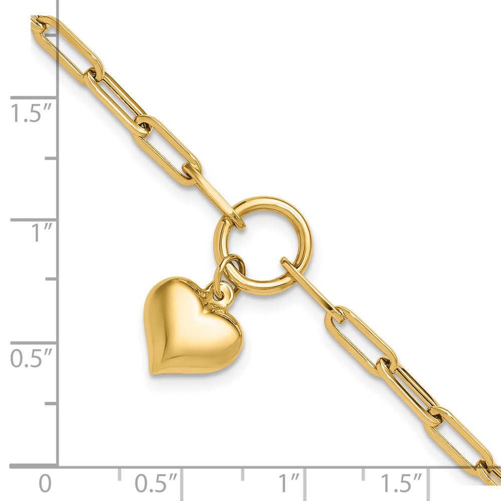 14K Polished Puff Heart Paper Clip Link Bracelet
