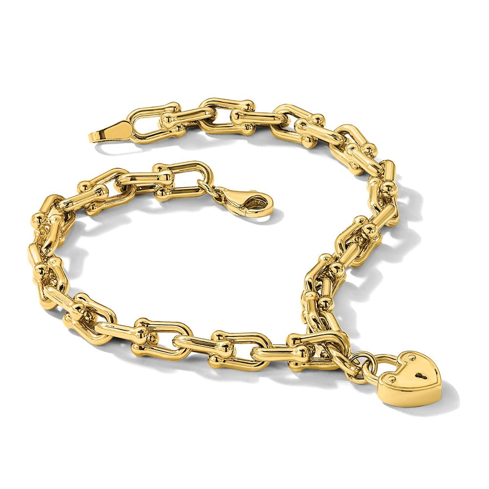 14K Polished Heart Lock Charm Link Bracelet