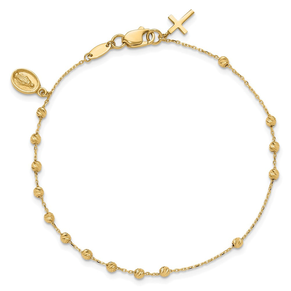 14K Polished and Diamond-cut Miraculous Medal and Cross Rosary Design Brace