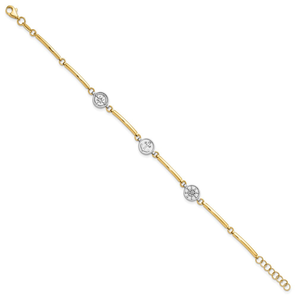 14K Two-tone Polished Compass and Anchor w/ 1in ext. Bracelet