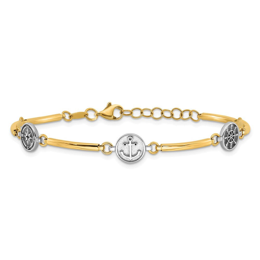14K Two-tone Polished Compass and Anchor w/ 1in ext. Bracelet