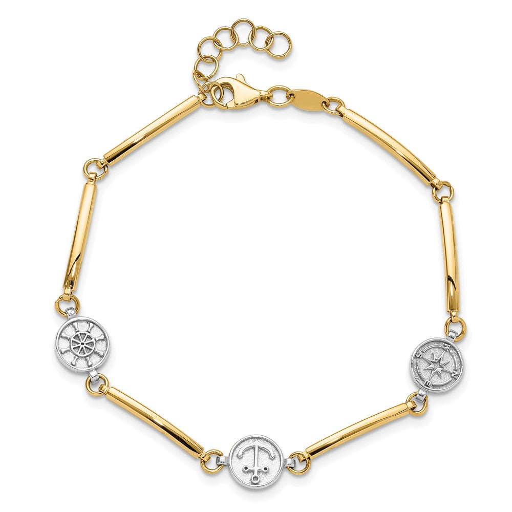 14K Two-tone Polished Compass and Anchor w/ 1in ext. Bracelet