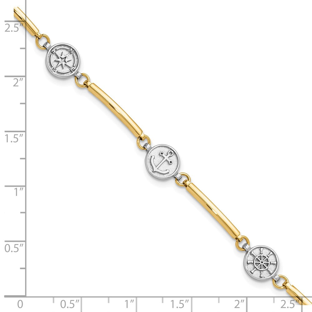 14K Two-tone Polished Compass and Anchor w/ 1in ext. Bracelet