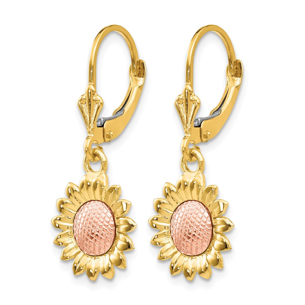 14k Two-tone Polished Sunflower Dangle Leverback Earrings