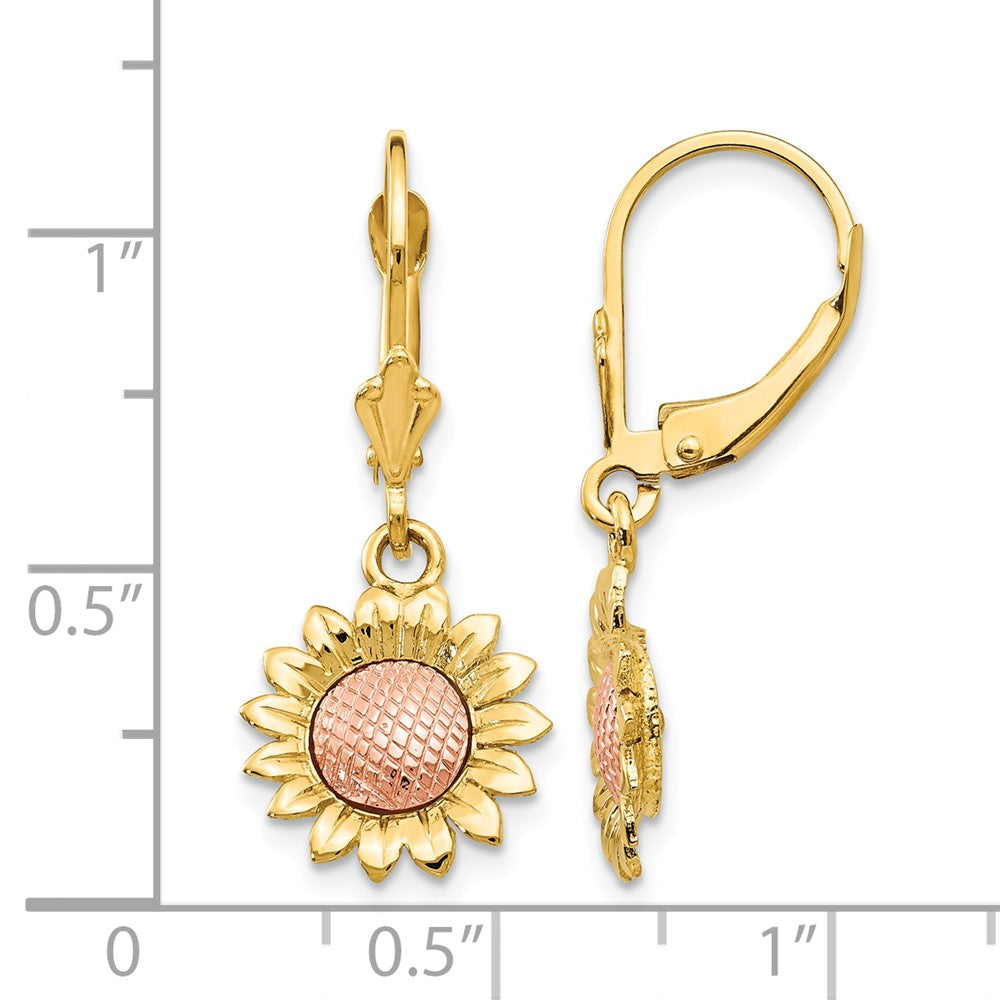 14k Two-tone Polished Sunflower Dangle Leverback Earrings